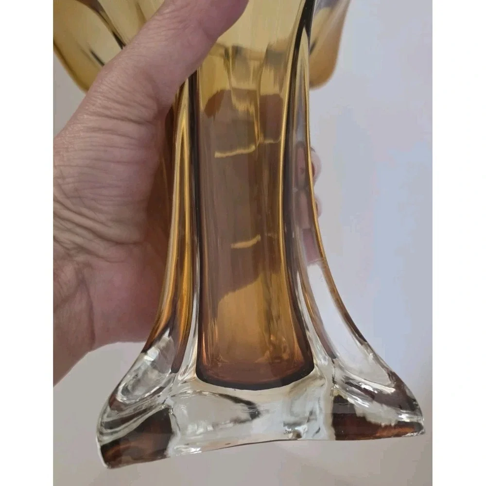 VTG Amber Art Glass Ruffled Fluted Flower Vase Swung Style MCM Hand Blown Decor
